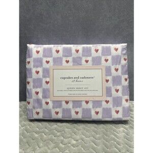 Cupcakes & Cashmere Queen Sheet Set Purple White Checkered Hearts 4 Piece